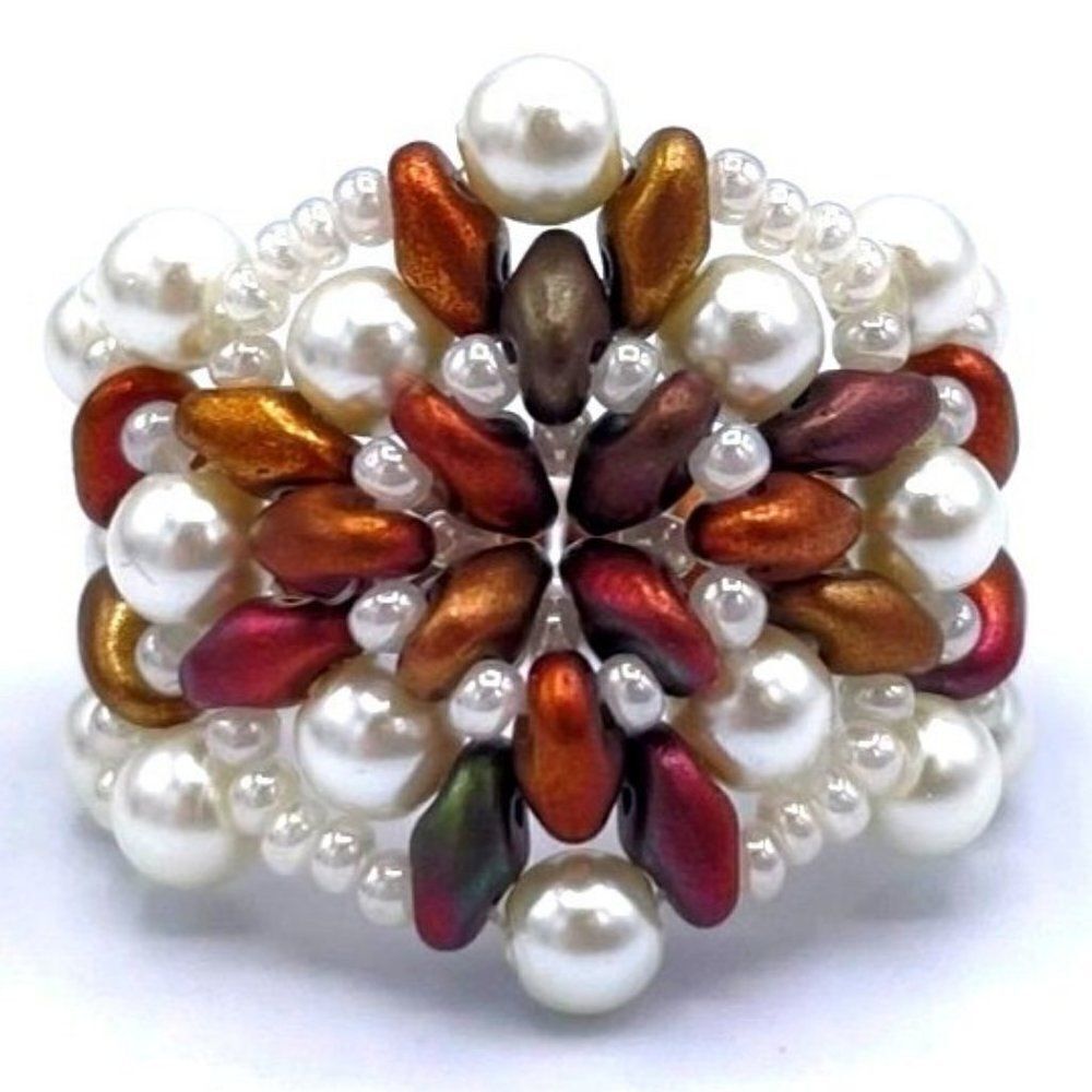 Multi Color Bronze With White And White Pearl Beaded Statement Ring Size 8